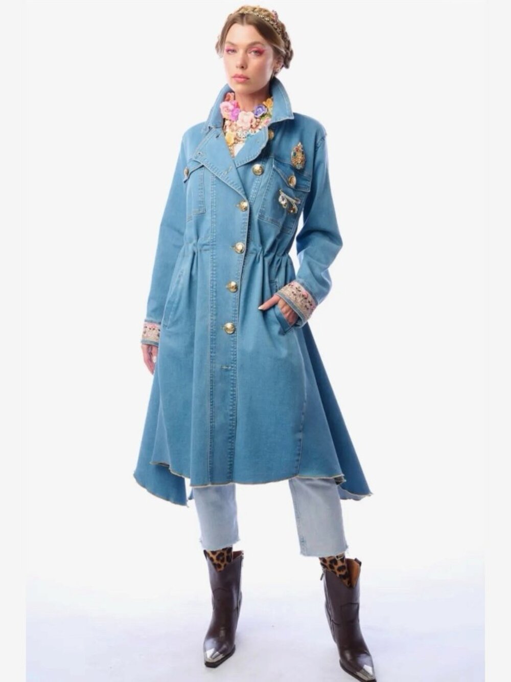 Aratta Monte Carlo Denim Hi-Low Long Coat Blue Decorative Brooch Size S M L - Picture 10 of 15